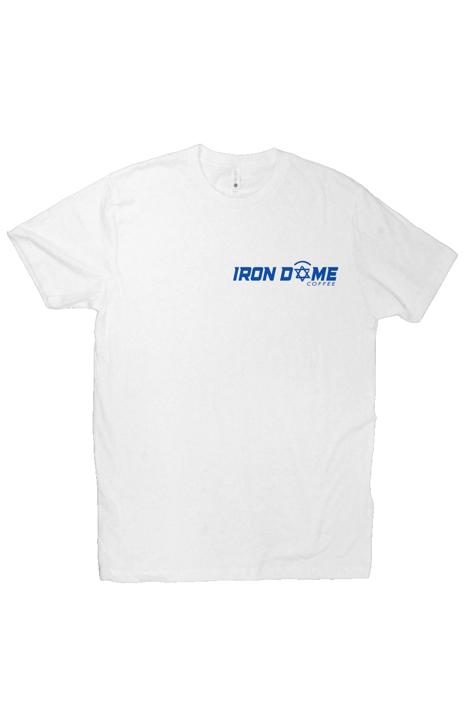White t-shirt with 'Iron Dome' logo on a white background