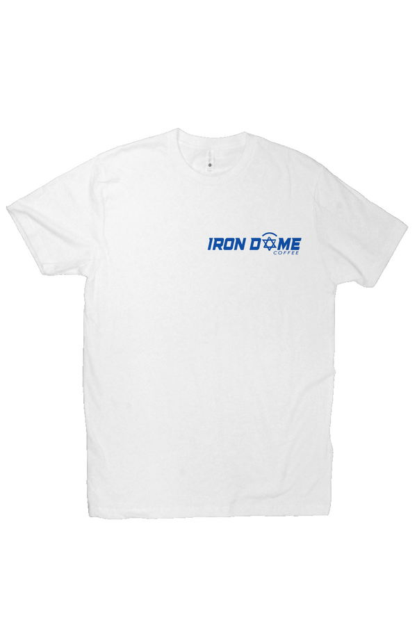White t-shirt with 'Iron Dome' logo on a white background