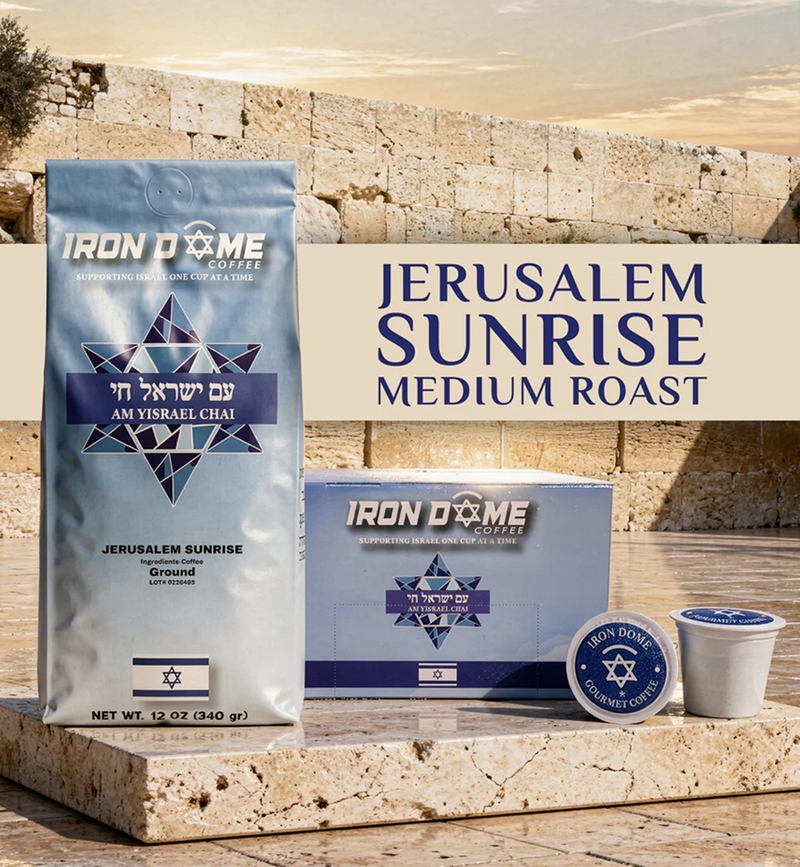 Iron Dome Coffee Jerusalem Sunrise coffee packaging with stone wall background
