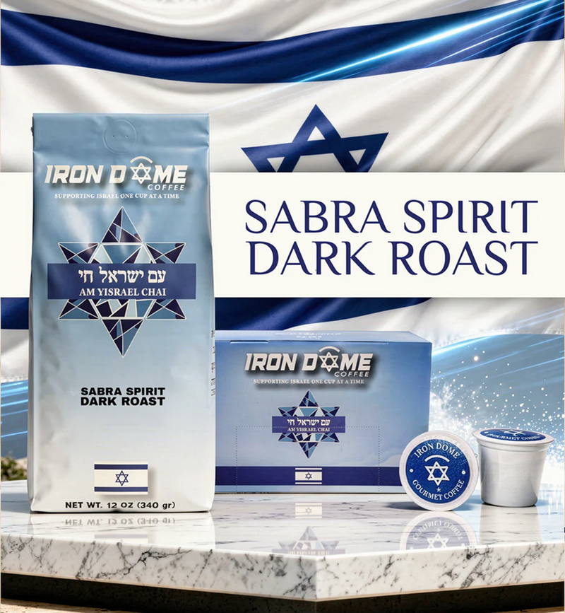 Iron Dome coffee packaging with Sabra Spirit Dark Roast branding against an Israeli flag background.