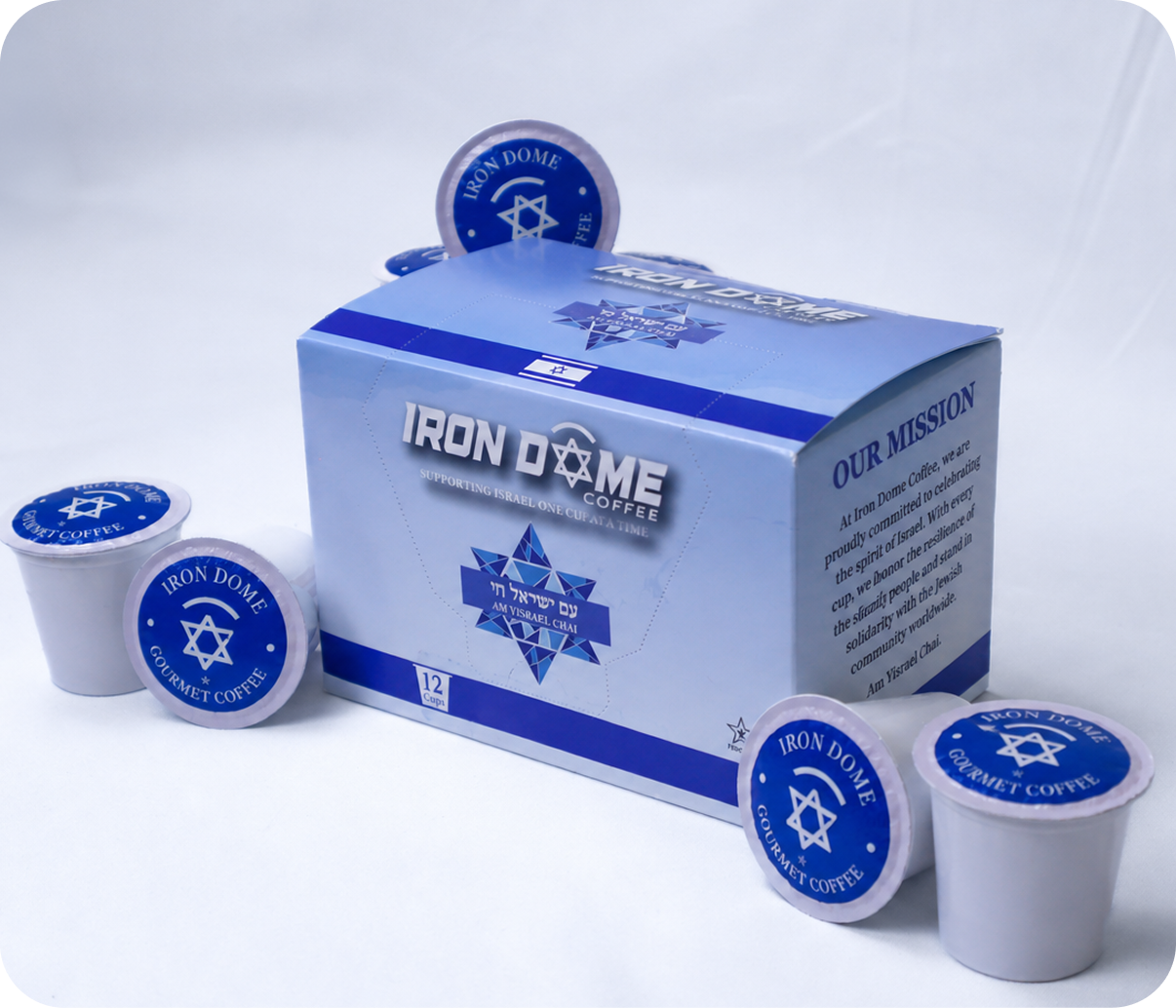 Box of Iron Dome coffee with multiple coffee pods on a white background