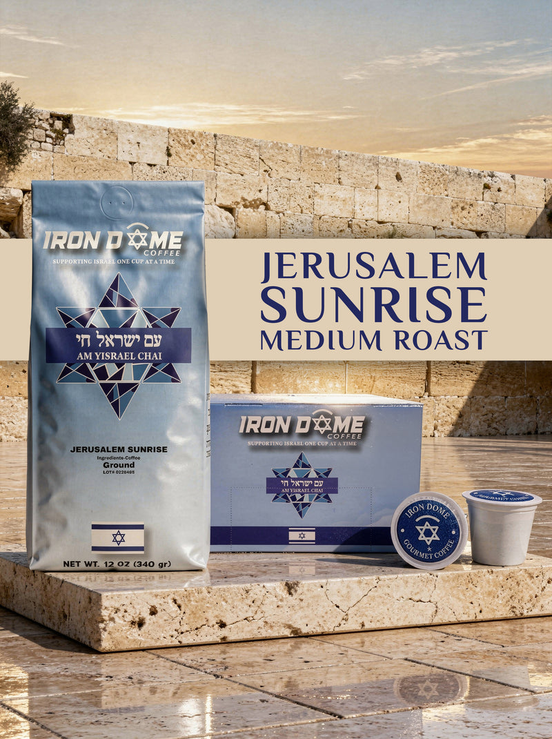 Iron Dome Coffee Jerusalem Sunrise coffee packaging with a scenic background
