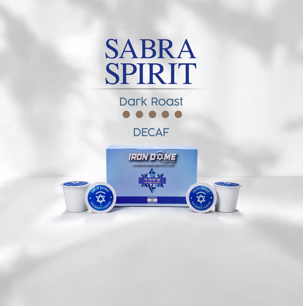 Sabra Spirit Dark Roast Decaf coffee packaging with Iron Dome branding on a white background