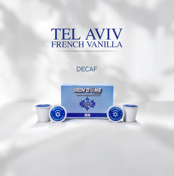 Tel Aviv French Vanilla decaf coffee packaging with Iron Dome branding on a white background
