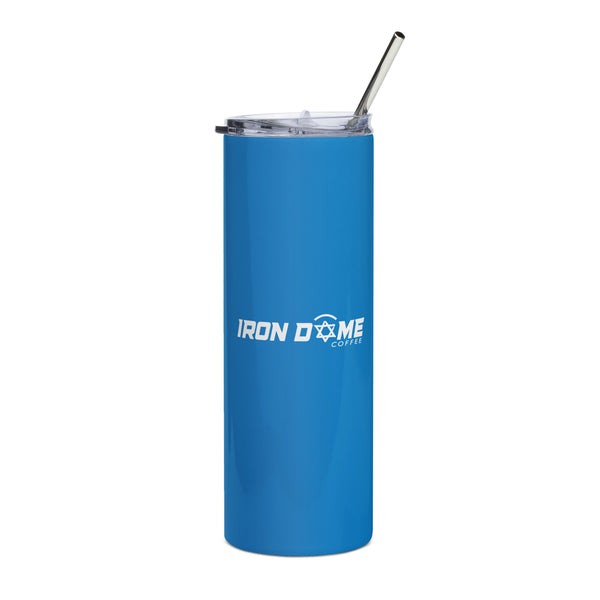 A blue stainless steel tumbler with a metal straw and 'IRON DOME COFFEE' branding on the side.