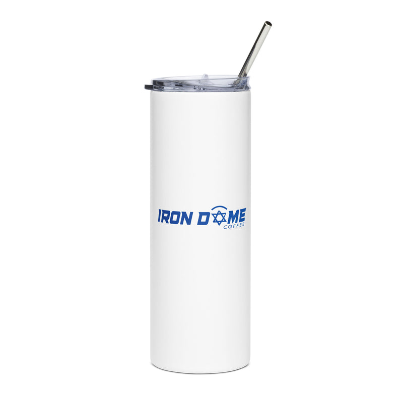 A white stainless steel coffee tumbler with a metal straw, featuring the Iron Dome Coffee logo on the front.