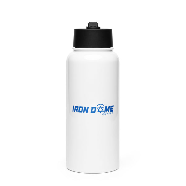 A white, insulated stainless steel water bottle with a black lid and the 'Iron Dome' logo in blue.