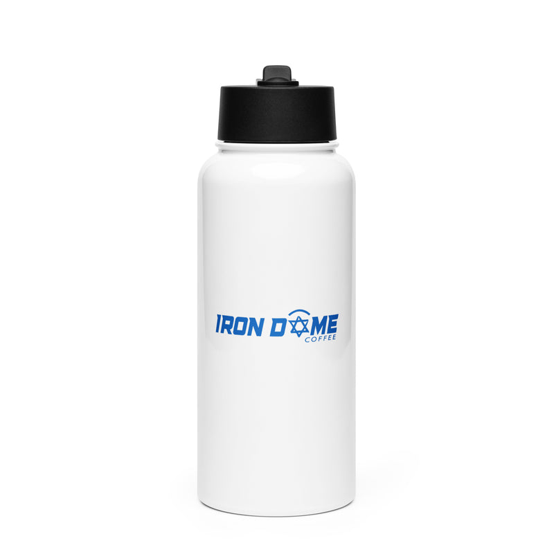 A white, insulated stainless steel water bottle with a black lid and the 'Iron Dome' logo in blue.