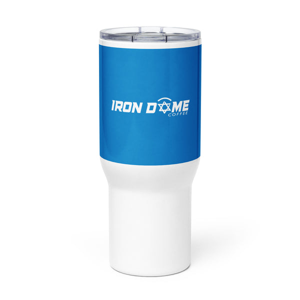 A blue stainless steel travel mug with a white plastic lid and a straw hole, featuring the 'Iron Dome Coffee' branding.