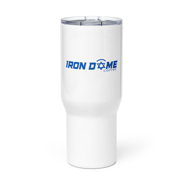 White travel mug with Iron Dome Coffee logo in blue