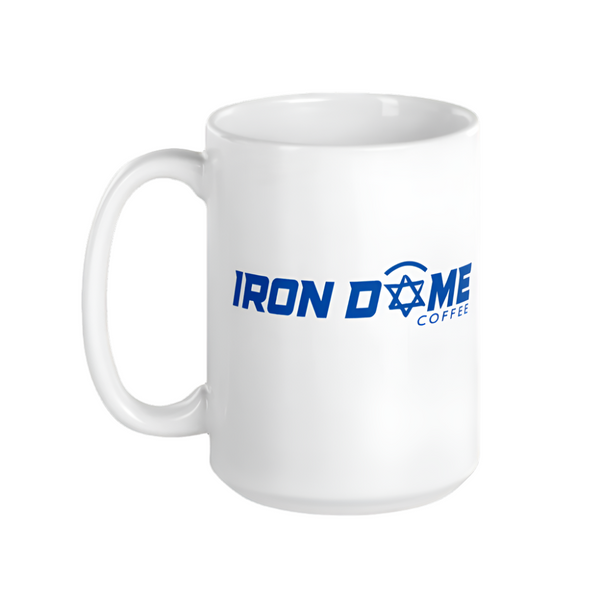 A white ceramic coffee mug with the text 'IRON DOME COFFEE' printed in blue.